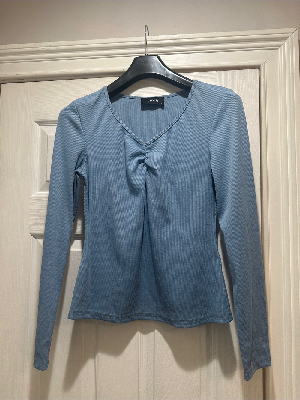 Cider Dusty Blue Long-Sleeve V-Neck Top with Front Twist